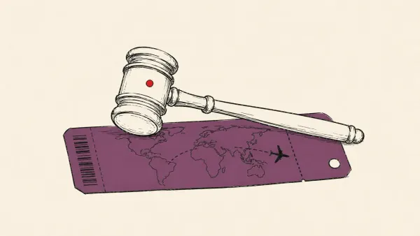 Editorial illustration of a judge's gavel resting on an airline boarding pass, marking the guilty plea of a Ryuk ransomware suspect extradited from Ukraine.
