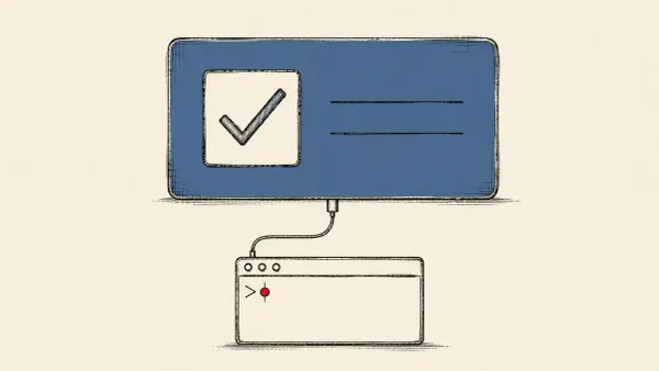 Editorial illustration of a fake CAPTCHA checkbox wired to a command prompt, marking CERT-UA's Sandworm PowerShell-paste technique aimed at Ukrainian users.