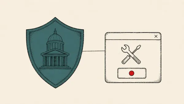 Editorial illustration of a state-emblem shield adopting a fake fix-it prompt, marking Ars Technica's report of Russia's Sandworm cluster using ClickFix.