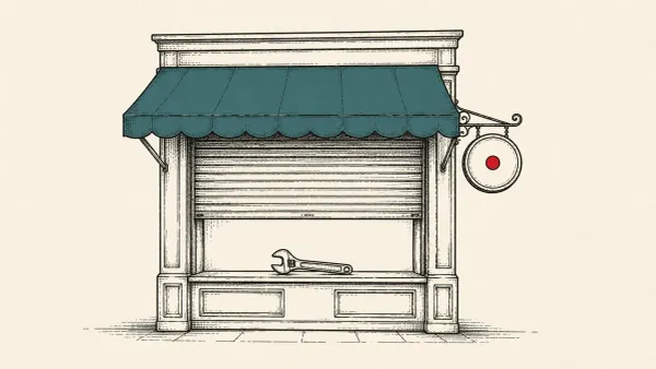 Editorial illustration of a storefront with a half-lowered shutter and a wrench, marking SAP critical patches for NetWeaver, Approuter and Commerce Cloud.