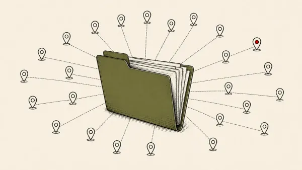 Editorial illustration of a case folder fanning into many attack markers, marking US authorities attributing 120-plus attacks to Scattered Spider's Thalha Jubair.