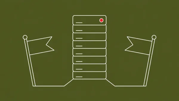 Flat white line-art of two pennant flags converging, with one flat red dot.