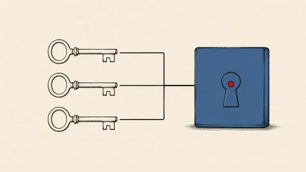 Flat white line-art of three key-shaped drivers feeding one control panel, on a deep teal background — SilverFox's three-driver BYOVD chain and ValleyRAT.