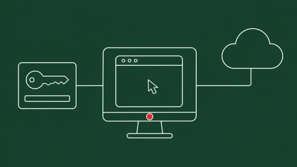 Flat white line-art of a remote-desktop monitor, a credential card and a cloud, on a Forest Green background — SimpleHelp CVE-2026-48558.