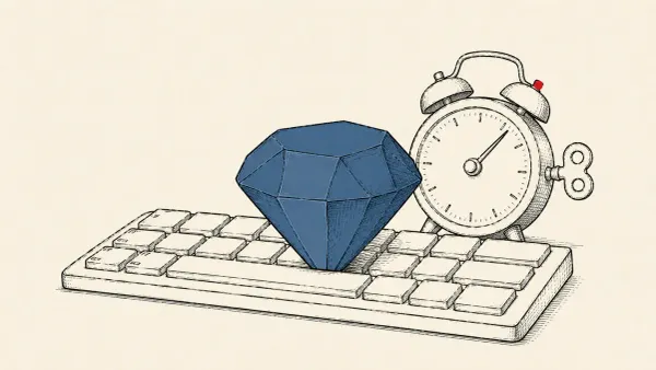 Editorial illustration of a gem-shaped package hiding a dormant timer over a developer's keyboard, marking the SleeperGem RubyGems supply-chain attack.