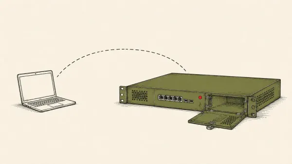 Editorial illustration of a remote laptop tunnelling to a gateway appliance with its door open, marking active SonicWall SMA zero-day attacks.