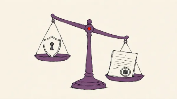 Flat white line-art of a data-protection shield beside a set of scales on a teal background — Spain's AEPD fine of 23andMe over its 2023 breach.