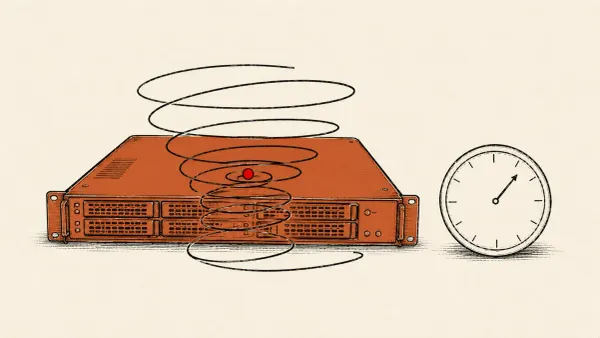 Editorial illustration of a spiral lock closing over a server within a single day's clock, marking Symantec's Spirals ransomware that locks systems in under 24 hours.