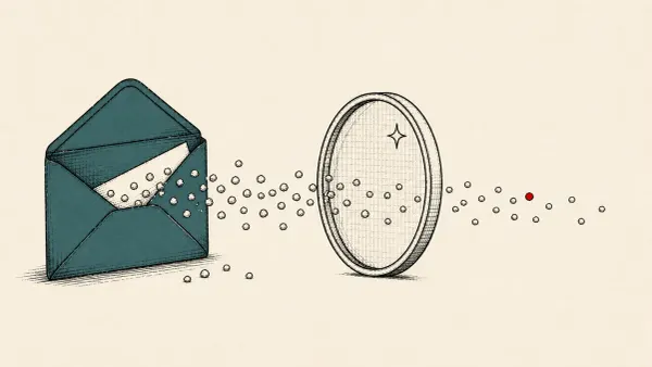 Editorial illustration of an email with hidden salt grains slipping past an AI filter lens, marking the text-salting technique seen in over a million phishing emails.