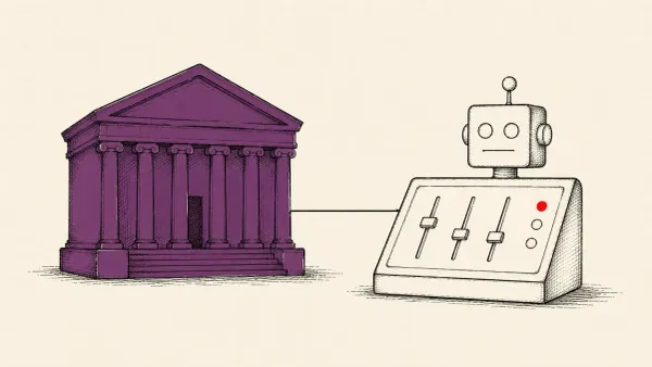 Flat white line-art of an autonomous agent working a console alone beside a government finance building, on a teal background — AI-agent espionage.