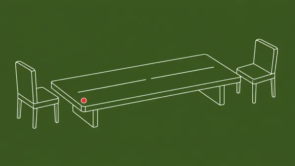 Flat white line-art of a long negotiation table split by a broken center line, one chair at each end — a former ransomware negotiator sentenced to prison.
