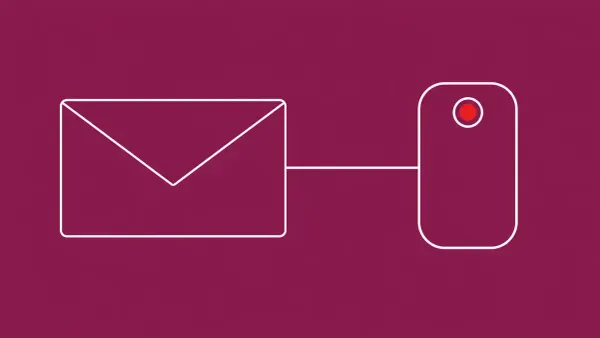 Flat white line-art of an envelope linked to a key-shaped token badge — Kaspersky's disclosure of ToddyCat's Umbrij tool targeting corporate Gmail via OAuth