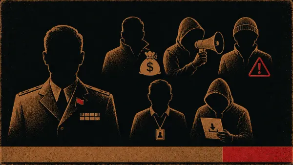Editorial science-poster illustration of the six major threat actor categories, shown as silhouette portraits each marked with a small identifying icon.