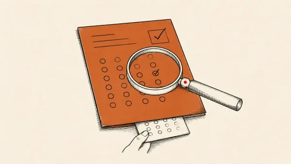Flat white line-art of a magnifying glass over an exam sheet with a checkmark, on a teal background — the UK AI Security Institute's AI-cheating report.