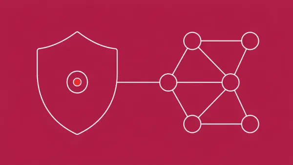 Flat white line-art of a large shield beside a network node grid — UK Cyber Shield agentic-AI defense plan and Cyber Resilience Pledge.