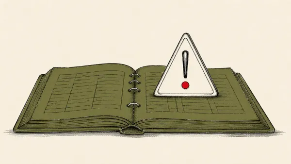 Editorial illustration of an open national risk register with a hazard-warning triangle rising from the page, marking the UK's catastrophic cyber-attack warnings.