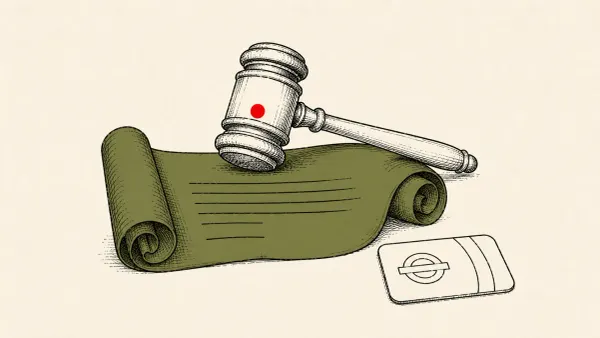 Editorial illustration of a gavel over a policy scroll beside a transit farecard — UK police chiefs cite the TfL case to push for Cybercrime Risk Orders.