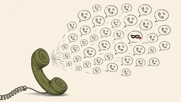 Editorial illustration of a telephone spraying call bubbles, one wearing a mask, marking UK charges over the Russian Coms fraud platform and scam calls.