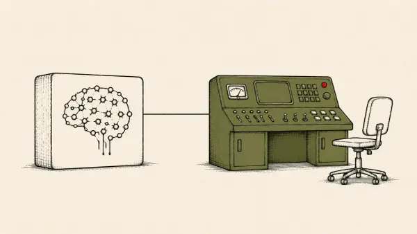 Flat white line-art of an AI model driving a hands-off control panel, on a deep-teal background — Unit 42's Chinese-speaking autonomous-AI cyberattack disclosure.