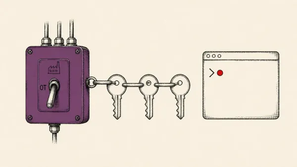Editorial illustration of an OT switch with three chained keys reaching a root terminal, marking Unit 42's Siemens ROX II zero-day trilogy analysis.