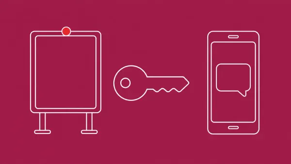 Flat white line-art of a notice board, a phone with a chat bubble, and a key, on a Raspberry background — US reward over Russian Signal and WhatsApp phishing.