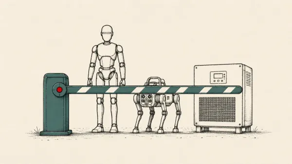 Flat white line-art of a humanoid, a four-legged robot dog, and a grid inverter behind a checkpoint barrier, on a deep-blue background - the FCC import ban.