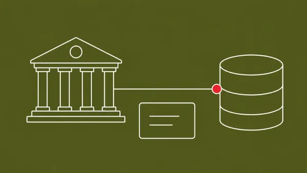Flat white line-art of an institution building linked by a line to a database cylinder and a record card, on an Olive background — US insurance regulator Oracle-linked data breach.