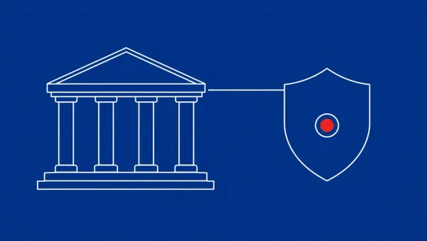 Flat white line-art of a government building beside a shield panel — US government confirms a new breach affecting federal systems.