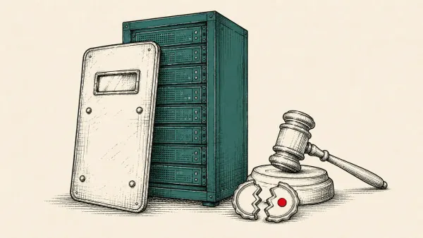 Editorial illustration of a server rack behind a bulletproof shield with a gavel and a broken seal, marking the US indictment of Russian hosting operators.
