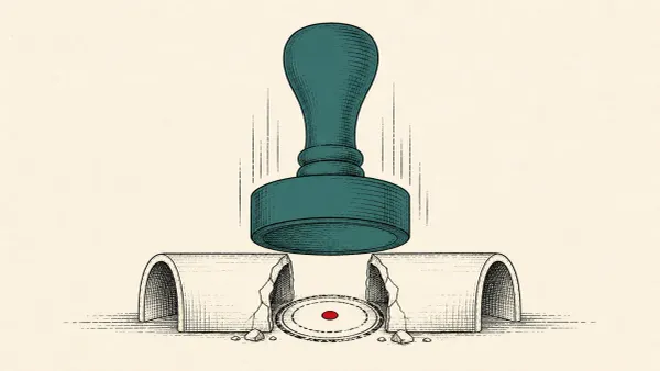 Editorial illustration of an official stamp severing a tunnel and leaving a seal, marking US Treasury sanctions on a VPN and malware cryptor seller.