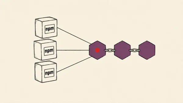 Editorial illustration of seven npm package boxes wired to a blockchain-link control node, marking the ViteVenom campaign against Vite frontend tooling.