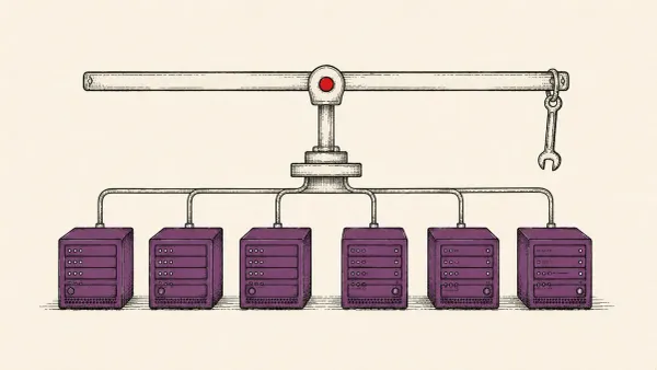 Editorial illustration of a balance beam distributing load across servers with a wrench, marking VMware patches for seven Avi Load Balancer flaws.
