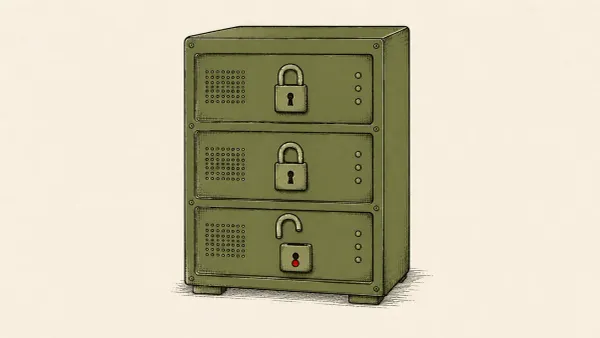 Flat white line-art of three padlocks on a stacked server tower with one open, on a deep-blue background — three critical VMware vCenter and ESX flaws patched.