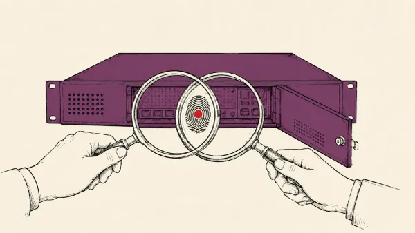 Line-art of two magnifiers over a breached gateway appliance revealing a fingerprint, marking Volexity's UTA0533 attribution of the SonicWall SMA zero-days.