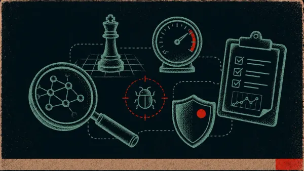 Editorial science-poster illustration of AI red teaming symbols — a magnifying lens, a chess piece, a stress-test dial, a bug icon, a shield with a red mark, and a report clipboard.
