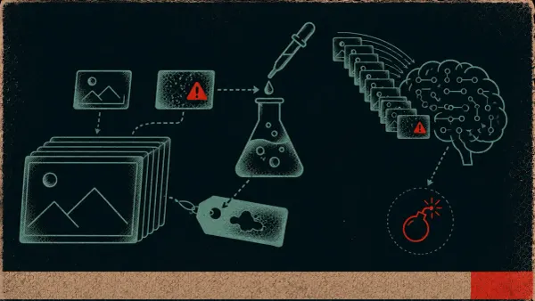Illustration of data poisoning symbols — a training data stack, a tainted data card, a beaker with dropper, a labeled sample tag, a brain being fed data, and a hidden-trigger symbol.