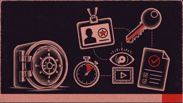 PAM symbols: vault door, admin badge, keyed credential, session-recording eye, stopwatch, approval paper.