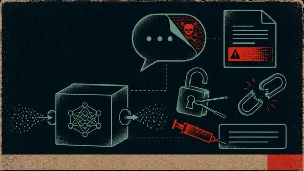 Prompt injection symbols: speech bubble with hidden instructions, warning document, LLM box, picked padlock, broken chain, syringe.