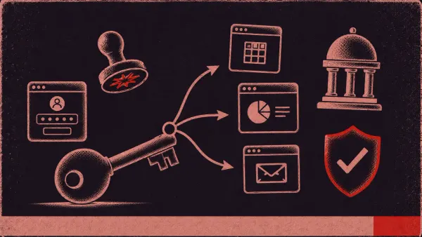 SSO symbols: central key, arrow branching to app windows, token, login form, IdP dome, checkmark shield.
