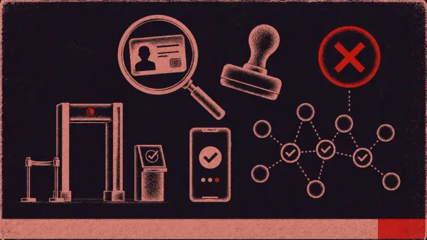 Zero trust symbols: magnifier over ID card, security gate, verify stamp, X-mark, device indicator, checkpoint network.