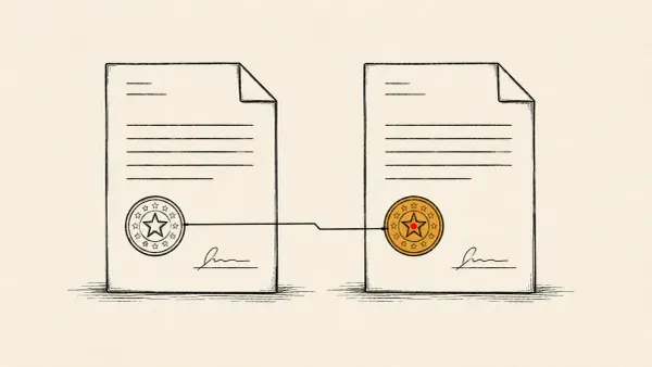 Flat white line-art of two document seals joined by a copied outline, on a slate-blue background — the White House accusation over Anthropic's Fable model.