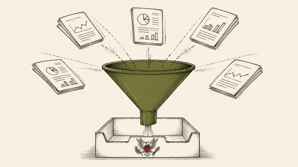 Editorial illustration of report papers funneling into an eagle-marked tray, representing the White House Gold Eagle AI cyber threat clearinghouse.
