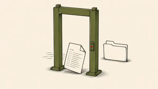 Flat white line-art of a log-file document passing through an open gate frame, on a teal background — Windmill CVE-2026-29059 path-traversal vulnerability.