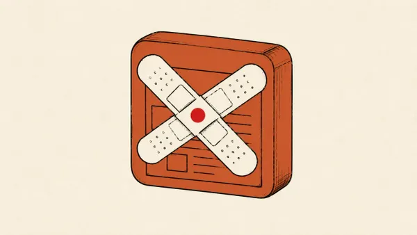 Editorial illustration of a website building block sealed with two patches, marking the WordPress 7.0.2 release fixing wp2shell and a SQL-injection flaw.