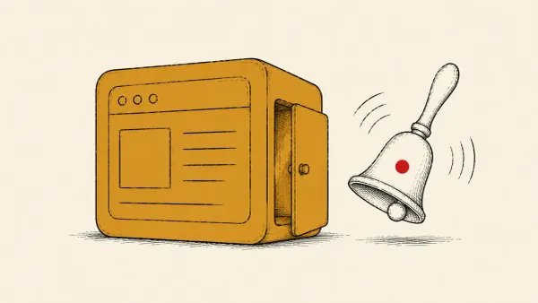 Editorial illustration of a website building block with an open door and an alarm bell ringing, marking active exploitation of the wp2shell WordPress vulnerabilities.