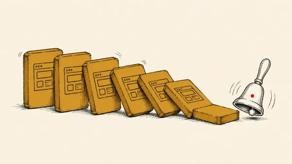 Editorial illustration of many website blocks toppling like dominoes past an alarm bell, marking wp2shell WordPress mass exploitation putting millions of sites at risk.