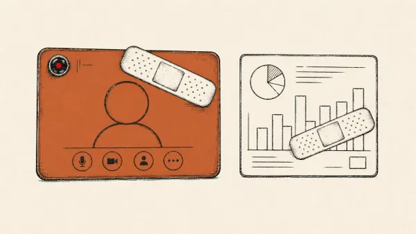 Editorial illustration of a video-call window and a data dashboard each wearing a patch, marking Zoom's CVSS 9.8 Windows fix and Splunk's companion patches.