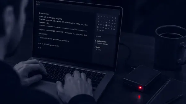 Editorial illustration for a report on 14 trojanized npm packages delivering the RedC2 4.0 Linux backdoor with AI-assisted command-and-control.