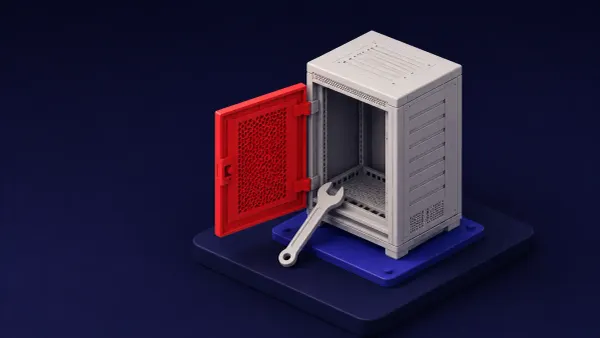 Isometric clay diorama on deep navy: a marketing-automation server with its access hatch open in red — the Adobe Campaign Classic CVE-2026-48449 RCE flaw.