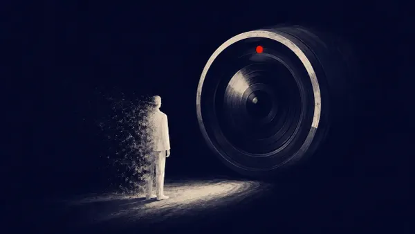Flat white line-art of a patterned jacket and car passing a surveillance camera that fails to detect them, on a saturated background with one red dot.